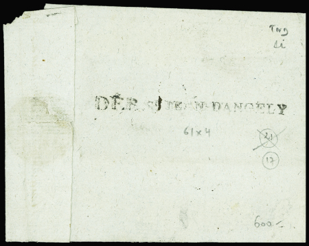 Lettre de Bordeaux pour Nonac (Charente) (1799) avec au verso MP "Deb St Jean d'Angely", frappe B mais rare