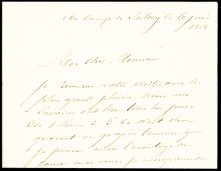 Lettre (texte manuscrit seulement) de 1853 datée du Camp de Satory signée par le général commandant le camp. TB