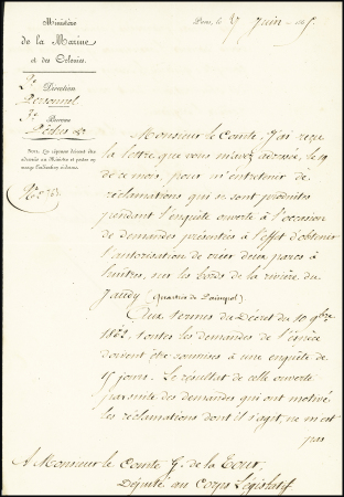 Chasseloup-Laubat : lettre à en-tête du Ministère de la Marine (27 juin 1865) : autorisation de créer deux parcs à huitres sur les bords de la rivière Jaudy (Quartier de Paimpol). TB