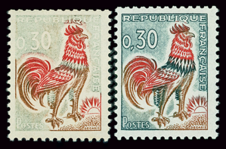 N°1331A 30c coq, variété impression couleur verte absente,