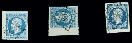 N°14A 20c bleu, 3 exemplaires avec bdf, obl., TTB d'aspect