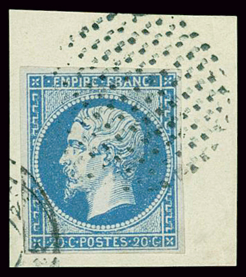 N°14A 20c bleu, obl. cercle de points sur fragment,