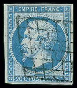 N°14A 20c bleu, obl. grille, TTB