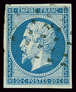 N°14A 20c bleu, obl. gros points carrés, TTB