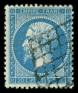 N°22 20c bleu, obl. grille, TTB
