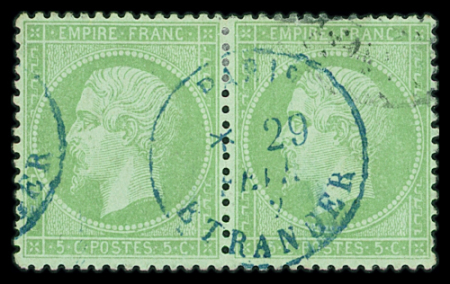 N°20 5c vert, en paire obl. cad bleu "Paris étranger'