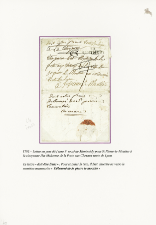 MP "53 Montmedy" (1792) sur lettre en port dû de Montmedy pour la citoyenne Hat maitresse de la poste aux chevaux avec au verso marque manuscrite "doit être franc - déboursé de St Pierre le Moutier" (L n°4 - ind 23). RR