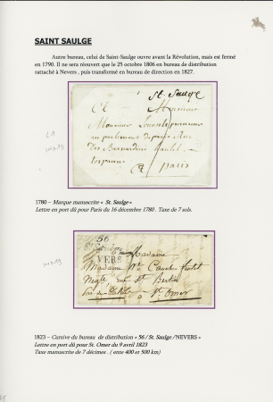 Saint Saulge : 2 lettres "St Saulge" (manuscrit - L1 - ind 19) et double cursive "56 St Saulge Nevers" (1823 - ind 9). Bel ensemble
