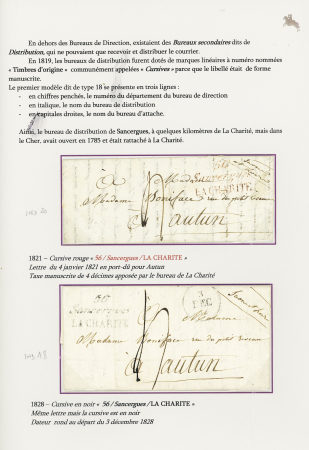 Sancergues : 2 lettres avec double cursive "56 Sancergues la Charité" (rouge - 1821 et noire 1828), ind 20 et ind 18. TB