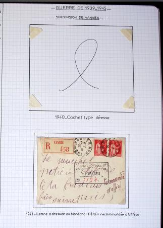 Album de 81 plis de la guerre 1939 - 1945 dans le Morbihan dont une lettre de Vannes avec recommandation d'office pour le Maréchal Pétain, 9 hopitaux, ecole pilotage 21 de Vannes repliée ensuite à Bruges (Basses-Pyrénées