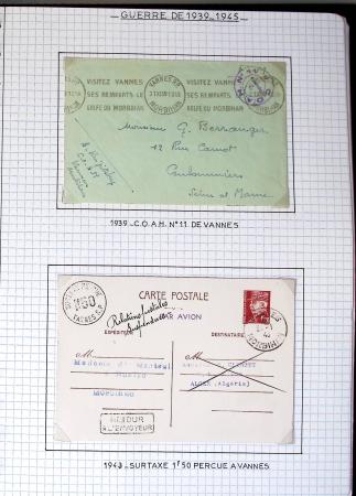 Album de 81 plis de la guerre 1939 - 1945 dans le Morbihan dont une lettre de Vannes avec recommandation d'office pour le Maréchal Pétain, 9 hopitaux, ecole pilotage 21 de Vannes repliée ensuite à Bruges (Basses-Pyrénées