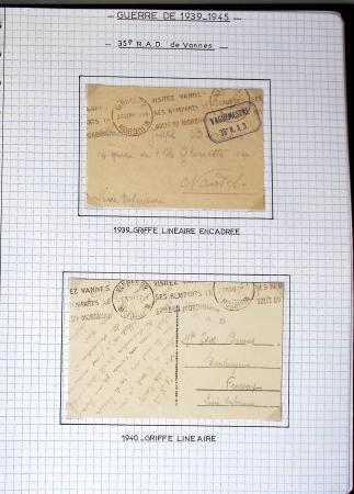 Album de 81 plis de la guerre 1939 - 1945 dans le Morbihan dont une lettre de Vannes avec recommandation d'office pour le Maréchal Pétain, 9 hopitaux, ecole pilotage 21 de Vannes repliée ensuite à Bruges (Basses-Pyrénées