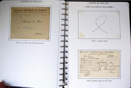 Album de 81 plis de la guerre 1939 - 1945 dans le Morbihan dont une lettre de Vannes avec recommandation d'office pour le Maréchal Pétain, 9 hopitaux, ecole pilotage 21 de Vannes repliée ensuite à Bruges (Basses-Pyrénées