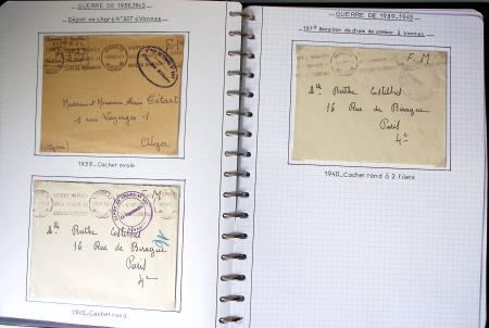 Album de 81 plis de la guerre 1939 - 1945 dans le Morbihan dont une lettre de Vannes avec recommandation d'office pour le Maréchal Pétain, 9 hopitaux, ecole pilotage 21 de Vannes repliée ensuite à Bruges (Basses-Pyrénées