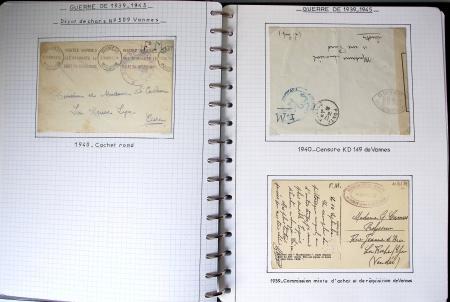 Album de 81 plis de la guerre 1939 - 1945 dans le Morbihan dont une lettre de Vannes avec recommandation d'office pour le Maréchal Pétain, 9 hopitaux, ecole pilotage 21 de Vannes repliée ensuite à Bruges (Basses-Pyrénées
