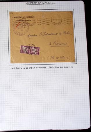 Album de 81 plis de la guerre 1939 - 1945 dans le Morbihan dont une lettre de Vannes avec recommandation d'office pour le Maréchal Pétain, 9 hopitaux, ecole pilotage 21 de Vannes repliée ensuite à Bruges (Basses-Pyrénées