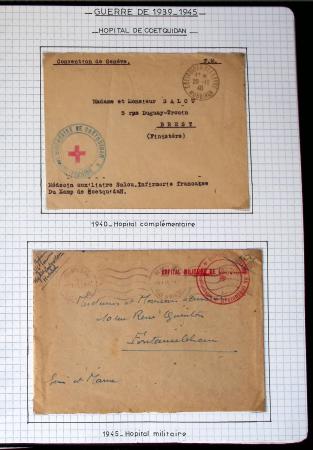 Album de 81 plis de la guerre 1939 - 1945 dans le Morbihan dont une lettre de Vannes avec recommandation d'office pour le Maréchal Pétain, 9 hopitaux, ecole pilotage 21 de Vannes repliée ensuite à Bruges (Basses-Pyrénées