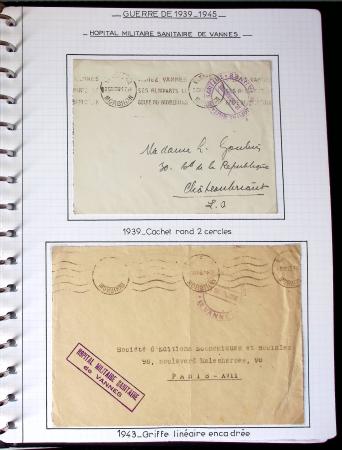 Album de 81 plis de la guerre 1939 - 1945 dans le Morbihan dont une lettre de Vannes avec recommandation d'office pour le Maréchal Pétain, 9 hopitaux, ecole pilotage 21 de Vannes repliée ensuite à Bruges (Basses-Pyrénées
