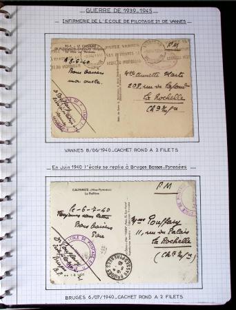 Album de 81 plis de la guerre 1939 - 1945 dans le Morbihan dont une lettre de Vannes avec recommandation d'office pour le Maréchal Pétain, 9 hopitaux, ecole pilotage 21 de Vannes repliée ensuite à Bruges (Basses-Pyrénées