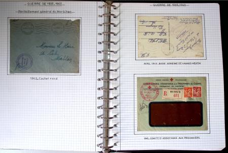 Album de 81 plis de la guerre 1939 - 1945 dans le Morbihan dont une lettre de Vannes avec recommandation d'office pour le Maréchal Pétain, 9 hopitaux, ecole pilotage 21 de Vannes repliée ensuite à Bruges (Basses-Pyrénées