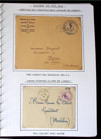 Album de 81 plis de la guerre 1939 - 1945 dans le Morbihan dont une lettre de Vannes avec recommandation d'office pour le Maréchal Pétain, 9 hopitaux, ecole pilotage 21 de Vannes repliée ensuite à Bruges (Basses-Pyrénées