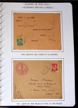 Album de 81 plis de la guerre 1939 - 1945 dans le Morbihan dont une lettre de Vannes avec recommandation d'office pour le Maréchal Pétain, 9 hopitaux, ecole pilotage 21 de Vannes repliée ensuite à Bruges (Basses-Pyrénées