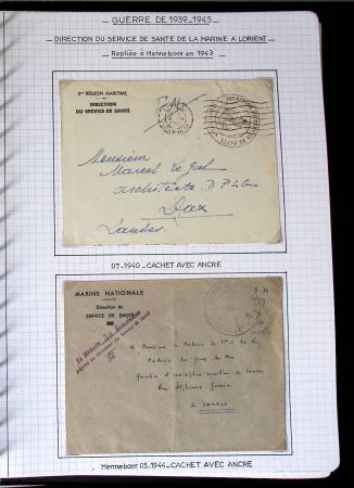 Album de 81 plis de la guerre 1939 - 1945 dans le Morbihan dont une lettre de Vannes avec recommandation d'office pour le Maréchal Pétain, 9 hopitaux, ecole pilotage 21 de Vannes repliée ensuite à Bruges (Basses-Pyrénées