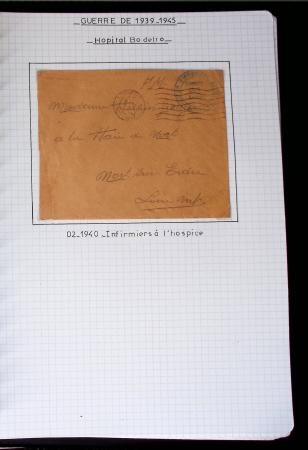 Album de 81 plis de la guerre 1939 - 1945 dans le Morbihan dont une lettre de Vannes avec recommandation d'office pour le Maréchal Pétain, 9 hopitaux, ecole pilotage 21 de Vannes repliée ensuite à Bruges (Basses-Pyrénées
