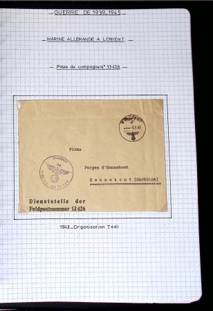 Album de 81 plis de la guerre 1939 - 1945 dans le Morbihan dont une lettre de Vannes avec recommandation d'office pour le Maréchal Pétain, 9 hopitaux, ecole pilotage 21 de Vannes repliée ensuite à Bruges (Basses-Pyrénées