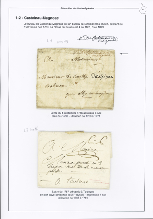 Castelnau de Magnoac : 2 lettres : "de Castelnau de Magnoac" (manuscrit - L1 - 1766 - ind 19) et "Castelnau de Magnoac" (à sec - L3 - 1787 - ind 16). TB