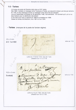 19 lettres de Tarbes dont L2 (ind 16), L3 (ind 18), L6 (ind 12), L8 (ind 14) - "P 63 P Tarbes" (28x9mm - 1813) + "franc" manuscrit - deb 63 Tarbes (1821 - B/TB - ind 17) et 5 franchises diverses dont "Evéché de Tarbes" (