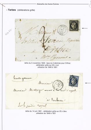 10 lettres affranchies de Tarbes dont n°3 OL grille + T15 (1849), n°23 OBL GC 3906 + T15 sur lettre chargée et 2 lettres avec T15 et T17 de la gare de Tarbes. TB