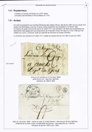 Arreau : 10 lettres dont MP "63 Arreau" (1802 - ind 11), deb 63 Arreau (1809 - frappe légère - ind 21) et n°4 OBL PC 138 + T15 Arreau (1852)