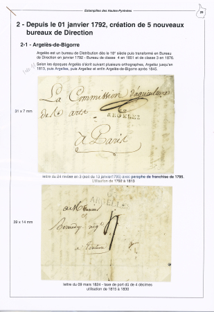 Argelès de Bigorre : 8 lettres dont MP "63 Argelez" (31x7mm - ind 11 - 1795) - MP "P 63 P Argelez" (An 12 - ind 16) - n°14 OBL PC 117 + T15 Argeles de Bigorre (1858). TB