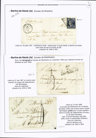 3 lettres : n°4 OBL grille + T15 La Barthe de Nesle (1851 - ind 17), cursive double "63 La Barthe Montrejeau" (1821 - ind 20) et cursive "63 La Barthe" (1838 - ind 10). Bel ensemble