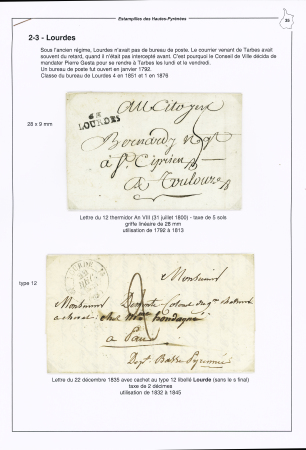 Lourdes : 10 lettres dont n°3 OBL grille + T14 Lourdes (1850), n°14 OBL PC 1777 + T14 Lourdes (1855) et n°70 + 72 OBL T18 "Lourdes Htes Pyrénées" (1881) sur lettre chrgée (VD 1000F). TB