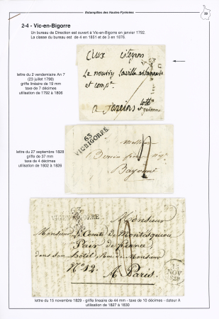 Vic en Bigorre : 11 lettres dont MP "P 63 P Vic-Bigorre" (1808 - ind 14) et n°60 en bande de 3 OBL GC 4183 + T17 "Vic en Bigorre" (30 dec 71) sur lettre chargée avec descriptif au verso. TB