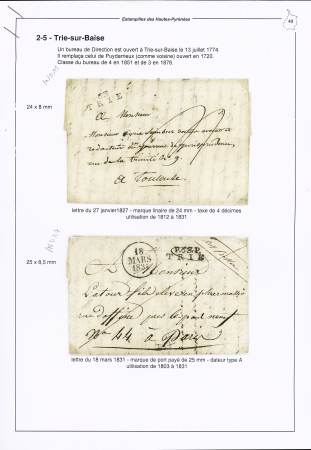 Trie-sur-Baïse : 8 lettres dont MP "63 Trie" (1827 - ind 11) - "P 63 P Trie" (1831 - ind 17) et n°4 OBL grille + T15 Trie-s-Baïse" (1851 - ind 15). TB