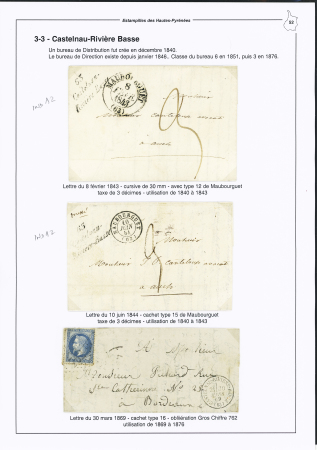 Castelnau Rivière Basse : 3 lettres dont 2 cursives "63 Castelnau Rivière Basse" (1843 et 1844 - ind 12 chacune). TB