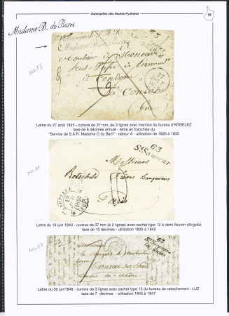 4 lettres : cursive double "63 St Sauveur Argellez" + franchise au tampon "Service de SAR Madame de Berri" (1825 - ind 18+) - cursive "63 St Sauveur" (1840 - ind 11) - cursive "63 St Sauveur les Bains" (1846 - ind 17). B