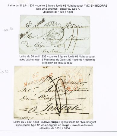 5 lettres dont cursives "63 Maubourguet" en noir (1835 - ind 20) et en rouge (1833 - ind 10) et n°3 OBL grille + T15 Maubourguet (1849 - ind 17). TB