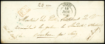 Lettre avec CAD T14 Brest (1845) + "PP" rouge encadré adressée au commandant de la gabare La Prudente à la station de l'ile Bourbon (Réunion) avec au verso transits de Calcutta. TB