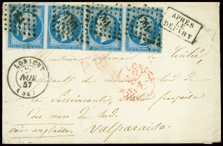 N°14, bande de 4 (1 ex leg touché) OBL PC 761 + T15 Lorient (1857) sur lettre pour La Persévérente, station française des mers du sud à Valparaiso. TB