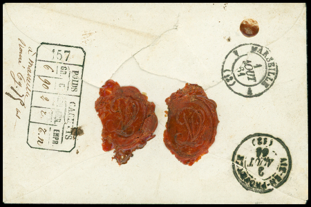 N°14, 2 pièces, OBL PC 157 + T15 Aubagne sur lettre avec griffe rouge "chargé" (VD 1000F). TB