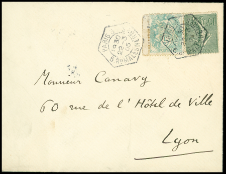 N°111 + 130 OBL CAD hexagonal à cercle intérieur "Paris 36 Bd Malesherbes" (1905 - levée exceptionnelle) sur lettre. TB