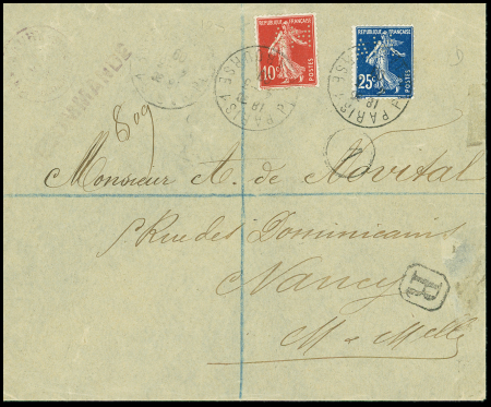 N°138 + 140 perforés "AM" OBL Paris (1909) sur lettre recommandée du négociant en timbres-poste Arthur Maury. TB