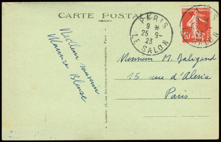 N°138 OBL rare CAD "Paris le salon" (1923) sur carte postale. TB