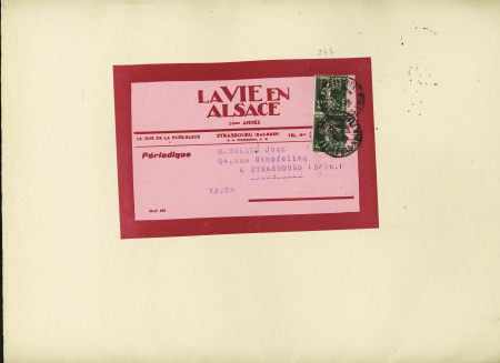 N°278, 2c vert foncé en paire perforée "DN" (Dernières Nouvelles d'Alsace) sur grande enveloppe du périodique "La vie en Alsace" OBL Strasbourg (1938). TB