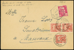N°719A, 5F rose OBL hex "Wittisheim Bas Rhin" (2.4.47) sur lettre avec taxe n°83, 3 pièces OBL Masevaux (démonétisation depuis le 1.4.47). TB