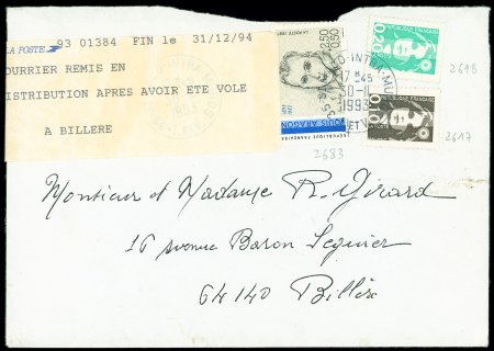 N°2617 + 2618, Briat + n°2683 OBL Saint-Malo (1993) sur lettre pour Billère (64) avec étiquette de la poste "Courrier remis en distribution après avoir été volé à Billère". TB